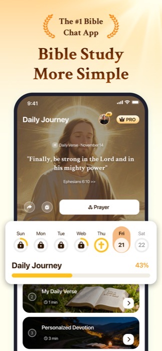 Daily Journey screen with a daily verse and prayer button