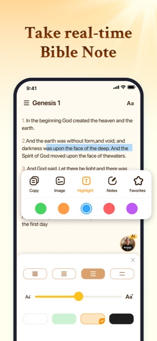 Bible app showing the King James Version text of Genesis 1 with highlight and note tools