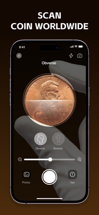 Coin Scanner showing an identified coin with a reference value range