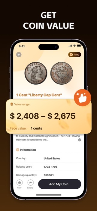 Coin detail screen with collecting and grading notes
